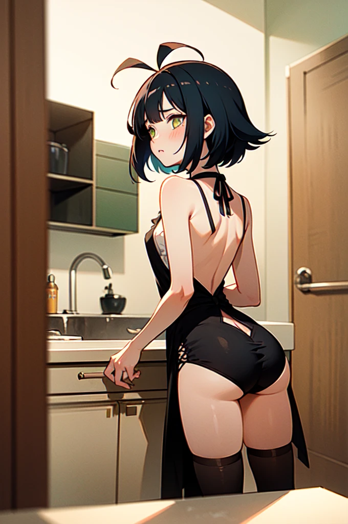 {{{perfect anatomy}}}, masterpiece, extremely detailed CG unity 8k wallpaper,{{{ detailed}}},{{{ best quality}}},{{{ high resolution}}}, five fingers, 1girl, solo,{{{full face blush}}},{{{upper body}}},{{{black bikini swimsuit}}},strapless,{{{ side-tie bikini panties}}},{{{{{show off shoulder}}}}},sleeveless,{{{ bare arms}}} ,cleavage, cleavage cutout, side cutout,sideboob,underboob, bare navel,{{{bare legs}}},garter belt, arms behind head,Kitchen,