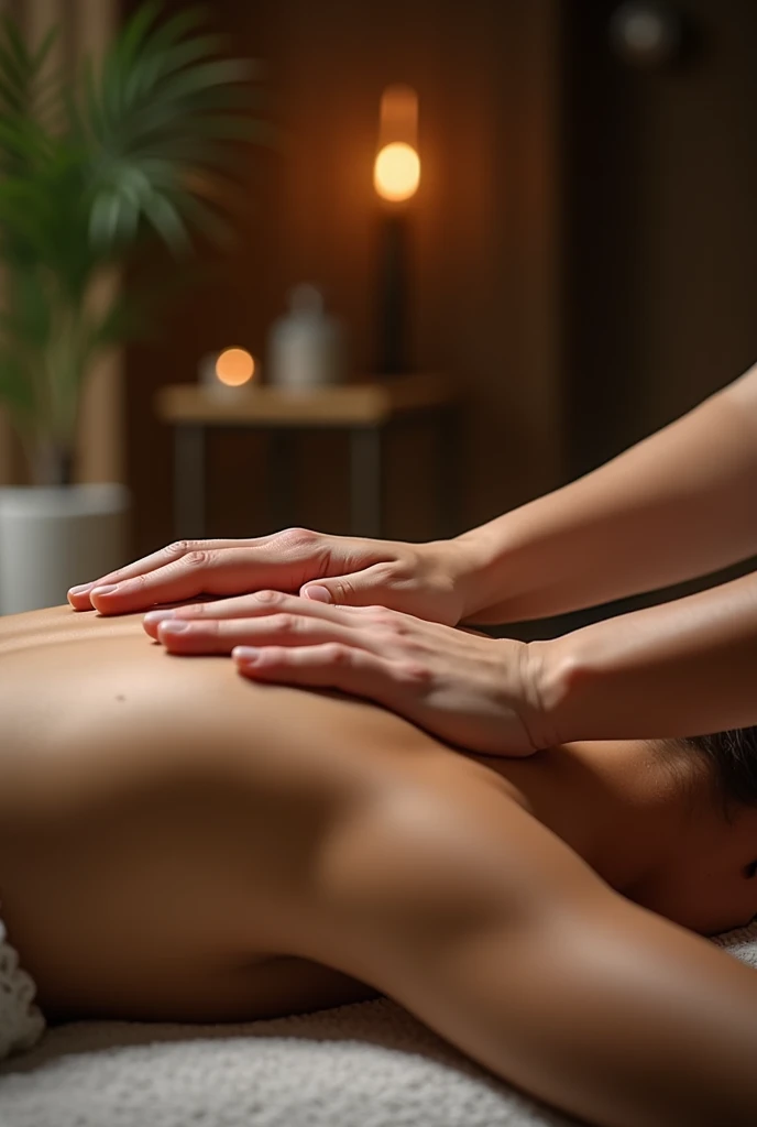 photorealism
the girl is lying on the massage table, she is getting a back massage, only the beautiful female hands of the masseur are visible, all in warm colors