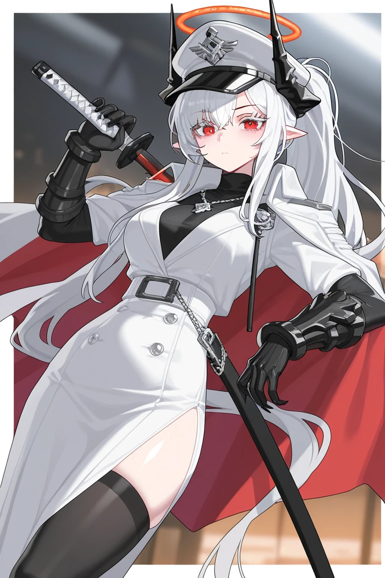 white hair,Plain white outfit,red pattern,Sharp eyes,scary,aggressive,elf,I closed my right eye,long hair,body suit,long dress,big spear,Alecchino,Assassin