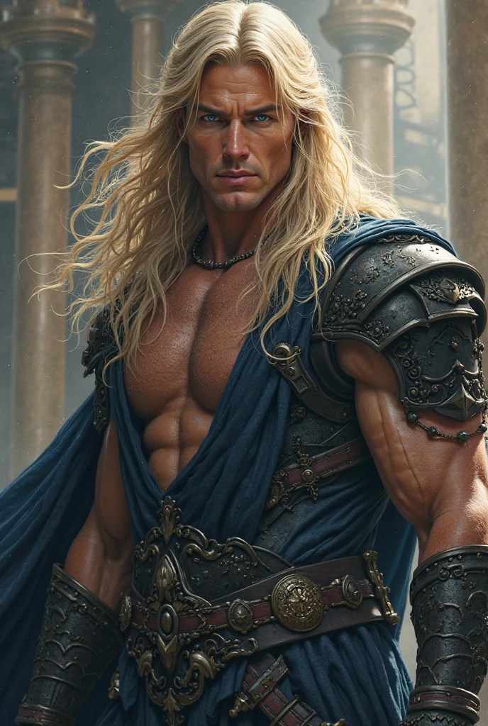 (masterpiece), best quality, (full body portrait), solo, a mature man, goatee facial hair, blond hair, beautiful eyes, muscular, long hair, hairly chest, (M-shaped spread legs), (loincloth), center of the city