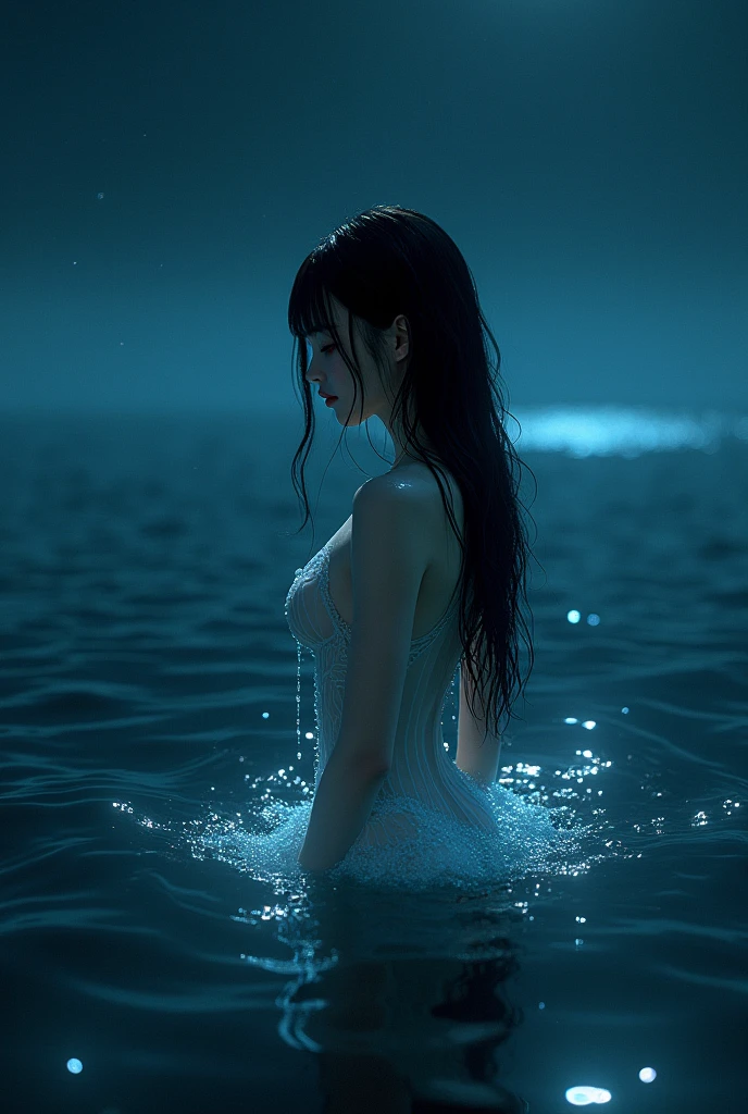 ((masterpiece, Highest quality, Best image quality, High resolution, Realistic, RAW Photos, 8k)), ((Highly detailed CG synthesis 8k wallpaper)), (Very hot and sexy, Incredible beauty, Perfect Proportions, Beautiful body, Slim body beauty:1.4), Midnight, 真Midnightの闇の中で, My wet body is illuminated, With a starry sky as a backdrop, (View from below:1.3),surrounded by bubbles、A world of deep blue、Refraction of Light