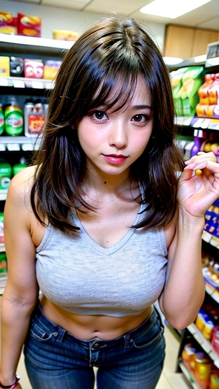 (8k, RAW Photos, 最high quality, masterpiece:1.2), high qualityのRAWカラー写真, Professional photo shoot, Cinematic Light, alone, ((Raise your arms:1.2, Show your armpits:1.3)), ((13-year-old girl)), (Sharp features), (Small face), (Skin with attention to detail:1.2), (Very slim:1.4, Thin arms), clavicle, Cute Face, Beautiful appearance, (Black Hair, Bobcut), Tank top, Short spats, sneakers, Capture the happy moment, Artistic painting,((Long legs:1.3, Thin thighs:1.3)), (Very nice touch:1.2), Peaceful atmosphere, Bright colors, (Are standing:1.5, Inside a convenience store, Full body portrait), Smooth texture, Gazing Eyes, Beautiful Skin, Glowing Skin, ((Perfect Fingers, Five Fingers, Anatomically correct)), Background Blur, high quality, Surreal, ((Very detailed, photo shoot)),blush、Black Hair
