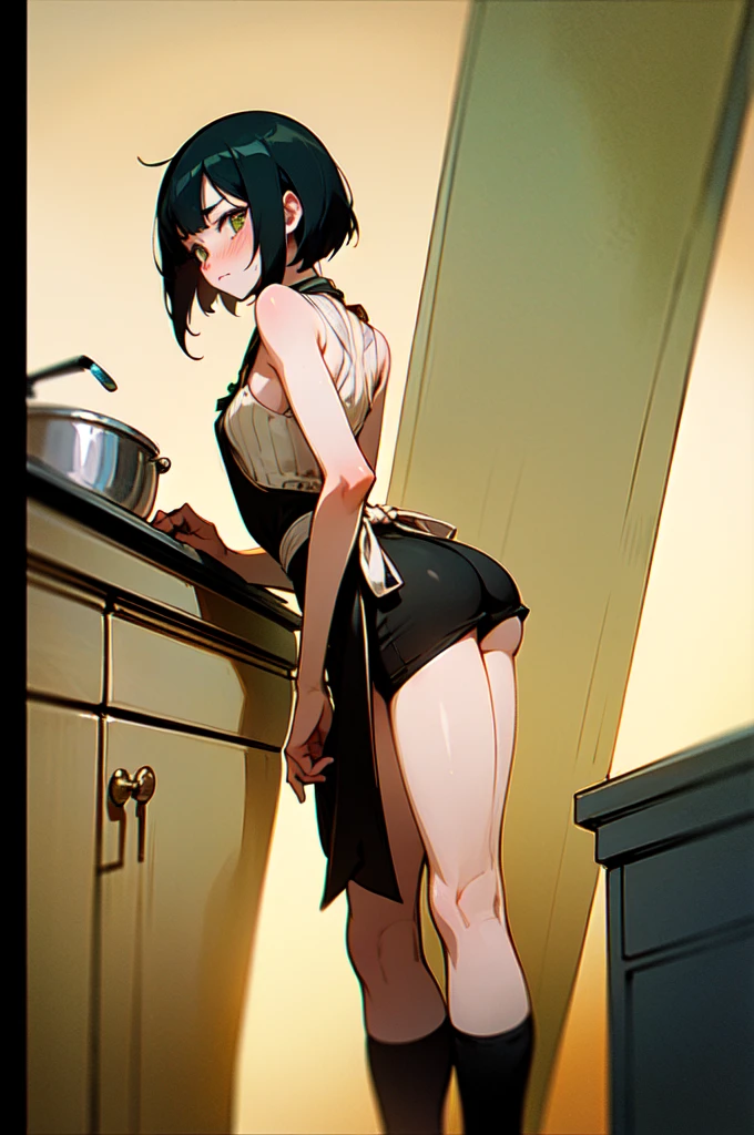 Masterpiece, best quality, Masterpiece, best quality, 1 woman , black skin , cooking , long black hair , sly face , smile , black bikini , abdomen, big breasts , Long legs , Barefoot , hands on hips , alley