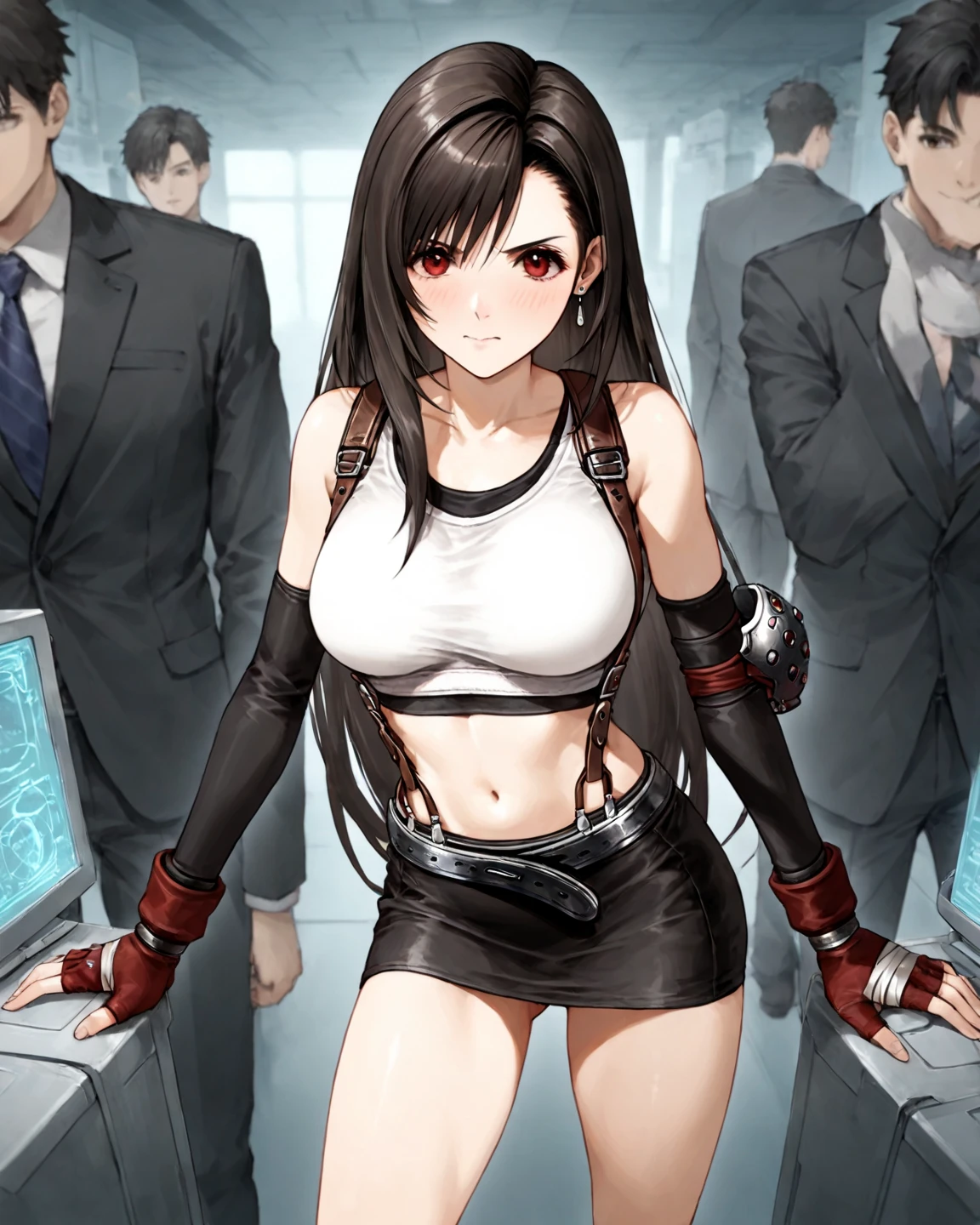 1girl, yukino sakurai, long hair,, blush, lipstick, Hot girl, baddie, staring, glaring, bad attitude, mean girl, crazy, smoking, sensual, attractive, mall, shopping center,indoors, masterpiece, best quality, highly detailed, a girls with a gun, evil smile , open mouth, sexy gaze, badass
pose , evil smile, smile, (nsfw) not safe for work, guns blazing, anime girl with long hair, beautiful long
haired girl, navel, evil expression, exposed belly, exposed navel, exposed midriff, exposed lower belly,
long black pants, crop top, cleavage, unbuttoned leather pants ,open fly, low rise black leather pants,
leather jacket, holding a gun, holding pistol, navel piercing