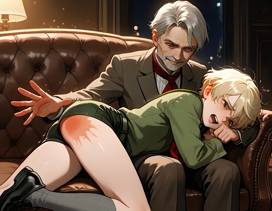 (nsfw:1.2),((One girl, 1 Elderly)), (Skirt flip:1.4), ((Old man grabs woman's waist)), The old man laughs evilly, Huge breasts:1.7, Anime cel painting style, Highest quality, High resolution, Huge breasts:1.8, good, High leg panties,blue eyes, Purple Hair, bangs, Side Ponytail, hair ornaments, Embarrassing, fear, blush, View Viewer, whole body、(((Completely naked:1.8)))、He is moving his hands violently to his crotch