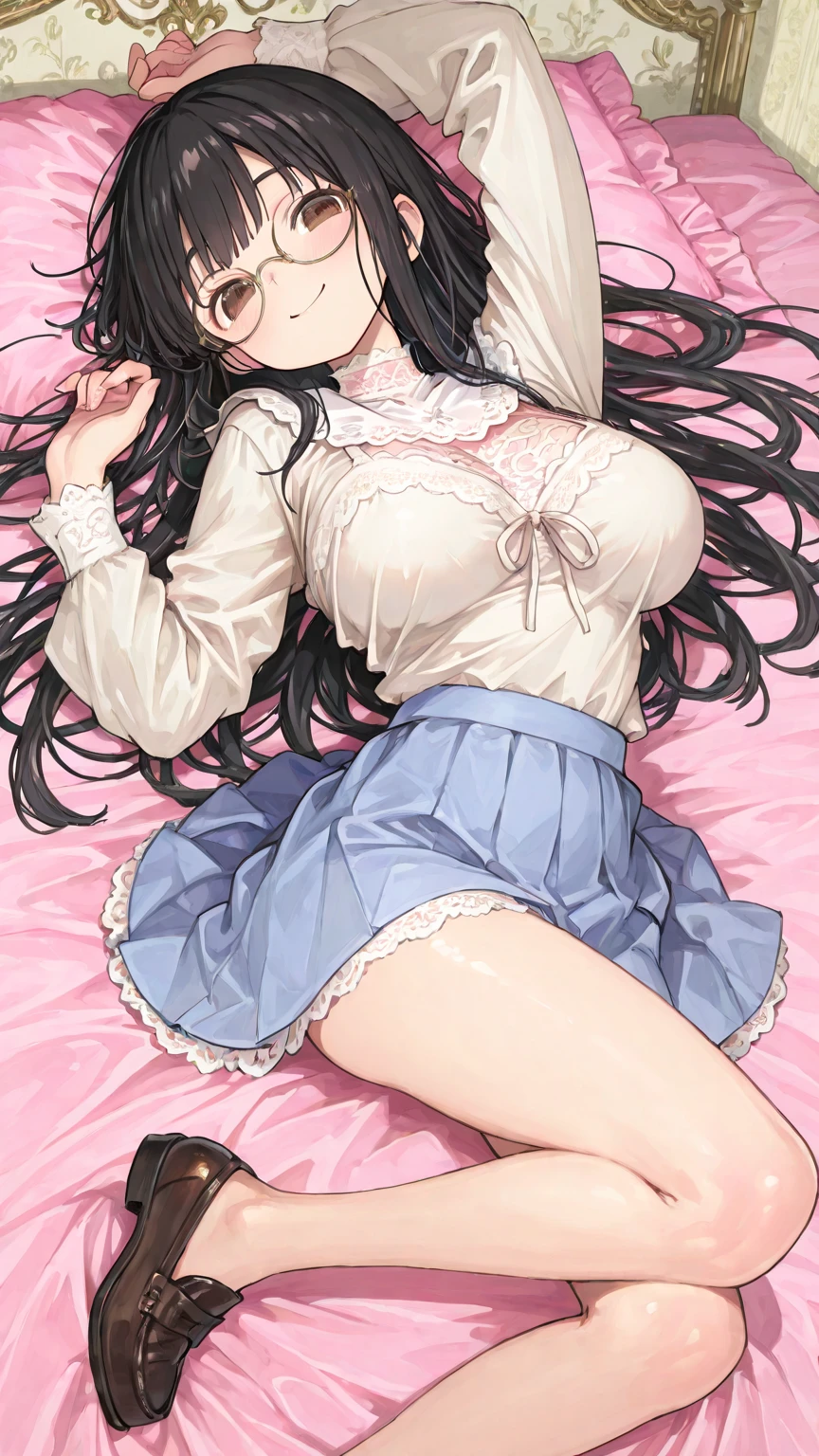 masterpiece, best quality, 1 solo girl, dark blue hair, blue eyes, long hair, medium breasts, sexy body and face, wavy hair, smile, black socks, brown bow, knee-highs, long sleeves, open bra, open panty, parted lips, pink pleated skirt, puffy long sleeves, purple shirt, pendant, bracelet, jewelry, earrings, butterfly hair ornament, book, lying at the bed, night sky, sexy pose, cowboy shots, detailed body, face, and eyes, sharp focus, vibrant, creative, dynamic, high definition, high resolution, 8k, (Upscale: R-ESRGAN 4x+ Anime6mage enchance:4x), voluptuous body, cinema lightning, dakimakura style, looking at the viewer