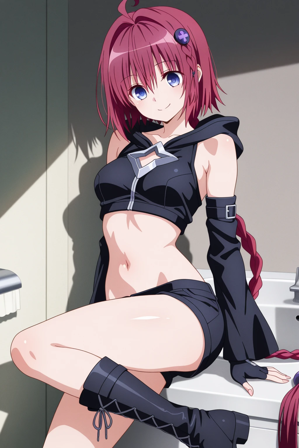 Rio, Super Blackjack、red hair、short hair、black bra、thigh high socks、black panties、Photo from below、medium chest、Bedroom、