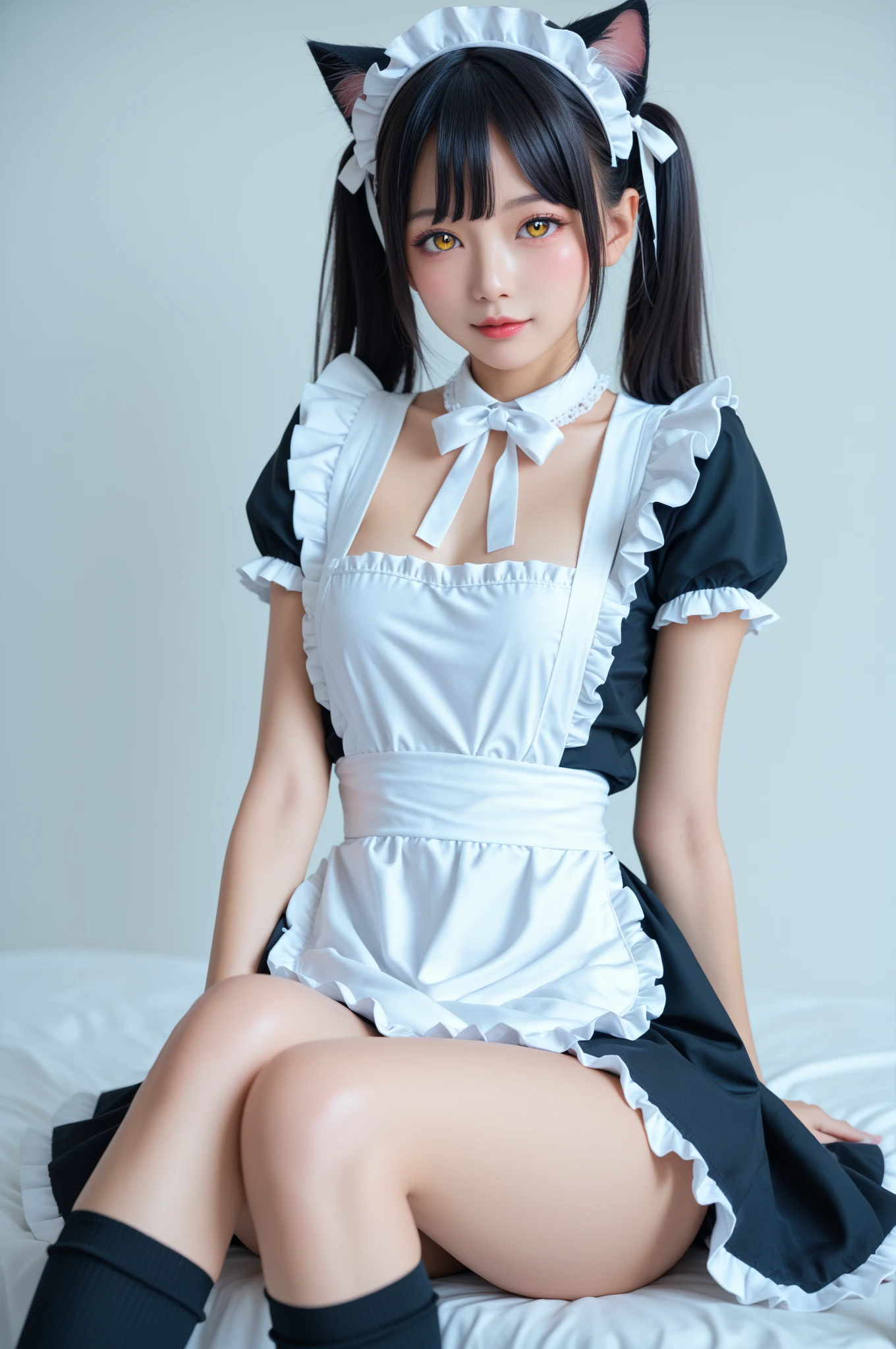 (Highest quality, Super detailed, High resolution, 8K images)(a close up of a woman in a Maid outfit posing on a bed, gorgeous Maid, Japanese Goddess, Maid, a sexy Maid in a magical forest, Maid outfit, anime girl in a Maid costume, Maid dress, 美しく魅力的なanimeの女性, wearing Maid uniform, elegant and charming cosplay, 魅惑的なanimeの女の子, Beautiful Asian Girl, Gorgeous Chinese Model,Cute Smile.(large and impressive eyes, Long eyelashes), ,The skirt flips up and the underwear is visible, ,((Show me your)), ((Stick your butt out)),(Squat with legs apart), Fine and beautiful eyes,Perfect Proportions,(Overflowing big),(A full-body shot from behind), Very beautiful and cute girl,22 years old,(anime),Kamimei, Pitch black background,(Solid black background),alone,