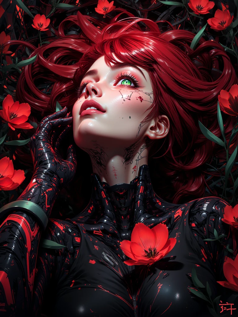 red roses, anime girl with moss And mold around her, detailed portrait, close up, space background behind her, dripping liquid metal leaf's around her, roses flourishing around her, close up of face