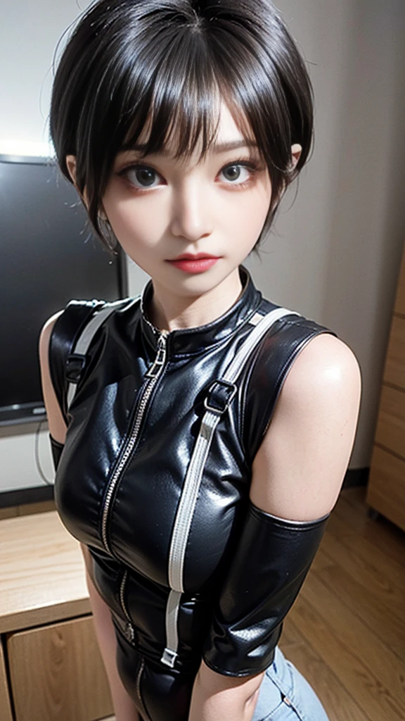 Portrait 1 Young Woman ,SF, beautiful girl,１０Old Smile,Complex background punk, , Futuristic, Post-apocalyptic, dark, 薄dark光, ((masterpiece, Highest quality, )),(((Nipples exposed through the gap in her clothes))),,(((Small nipples))),(((Small areola)))(((Six Pack Abs))),(((Nipple details)))、