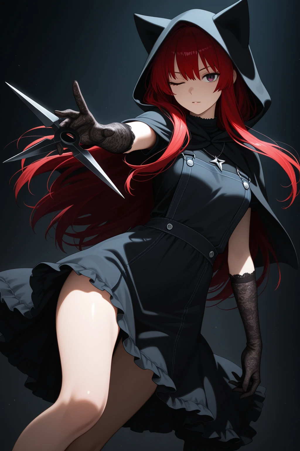 anime, anime girl, red hair, black hat, sword, red dress, red hair, black hat, red dress, red dress, red hair, red, anime art wallpaper 8 k, from arknights, anime art wallpaper 4k, anime art wallpaper 4 k, best anime 4k konachan wallpaper, gothic maiden anime girl, rias gremory, very dedetailed, fuul body, fuul accessories, cool pose, shining, particles red and white, yellow flash, Ia ada dalam sebuah taman yang penuh dengan bunga mawar dan kepingan bunga mawar yang berjatuhan