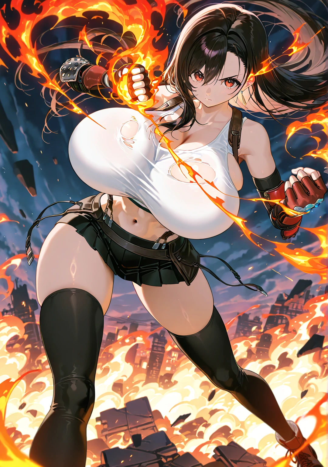 Kizi, long voluminous and messy dark brown curly hair with orange details, voluptuous, honey-colored eyes, black choker necklace, orange earring, light brown cropped top blouse, shorts above the waist dark brown, dark brown boots, RWBY style, realisitic, dark backdrop with orange symbols, high qualiy, detailded, fighting position.