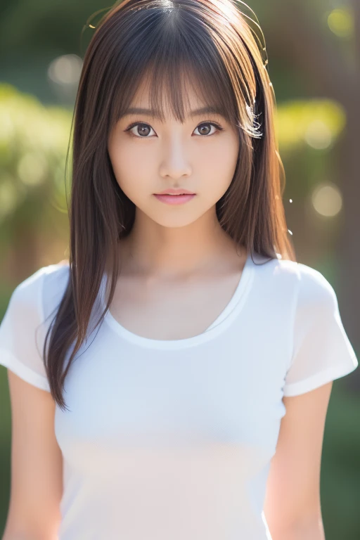 highest quality, High resolution, realistic pictures, detailed skin texture, ((Cute 12 year old Japanese girl wearing a white camisole)), view audience, slim body shape, charming gaze,  Fair skin, baby face, (flat chest:1.2), long straight hair