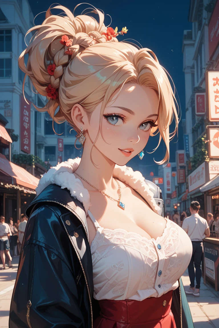 Masterpiece, best quality, 20 years old girl, young, female, face in center of photo, stoic, heavy make-up, clitter lips, eye- makeup, dress, curly, long flowing hair, blonde hair, outdoor city setting, burgundy eyes, average looks