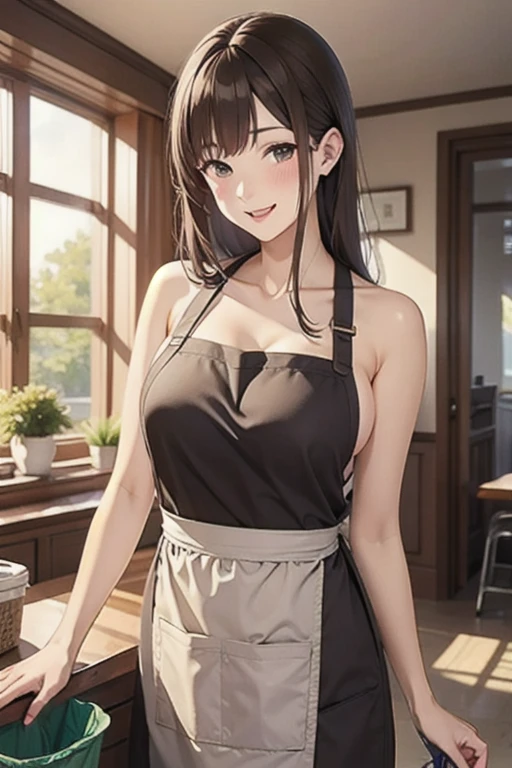 1girl, solo, hair ornament, (naked:1.3), (white apron), large breasts, cleavage, thighs, kitchen background, (blushing:1.3), naga, brown hair, ponytail, golden eyes, dark skin, gal, naga, lewd, she is wet and in sourcream, cream over the face,