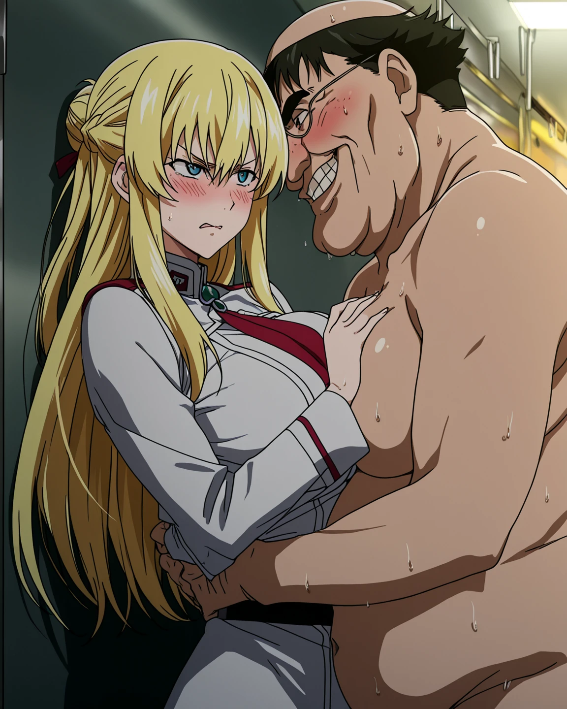 masterpiece, best quality, detail hair, detail eye, detail face, detail hand, detail legs, detail body,(large breasts:1.3),, Kou Yagami, Black Shirt, jeans, clavicle,  Grin, Grin, Hands on hips,pov,1boy,penis,:>=,oral,fellatio