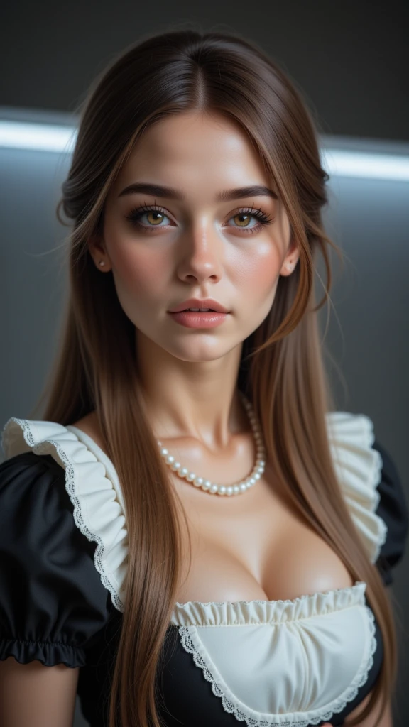 a blythe doll with dark brown eyes, dark red medium length hair with wispy bangs, doe eyes and pouty lips