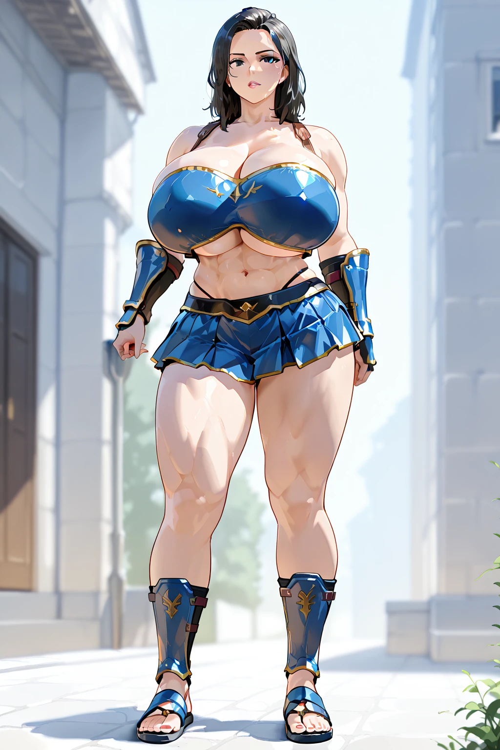 1girltallsolo with extremely long hair, ponytail, perfect anatomy, slim thick ((muscular)) toned body, silver breast plate, blue cape, slender abs, hourglass waist, detailed face, defined cheekbones, puffy lips, gauntlets, gold crown, shadow over eyes, looking at viewer, masterpiece, white thigh highs lingerie, lustful smirking smile face red blushed red cheeks, 2 high heels feet together