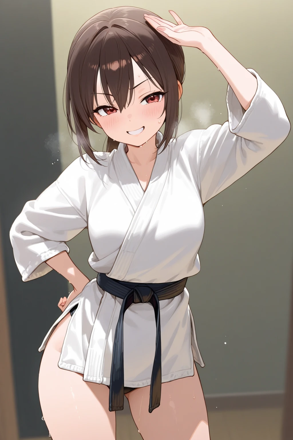 high quality,High resolution,16K,Sharp lines,1 Girl,Female karate player ,Cute face, Medium chest, Beautiful legs,At the karate venue,Focus Girl,Beautiful face in every detail,Detailed clothing,Beautiful Eyes,nice,Dynamic Angle,ponytail,Black Hair