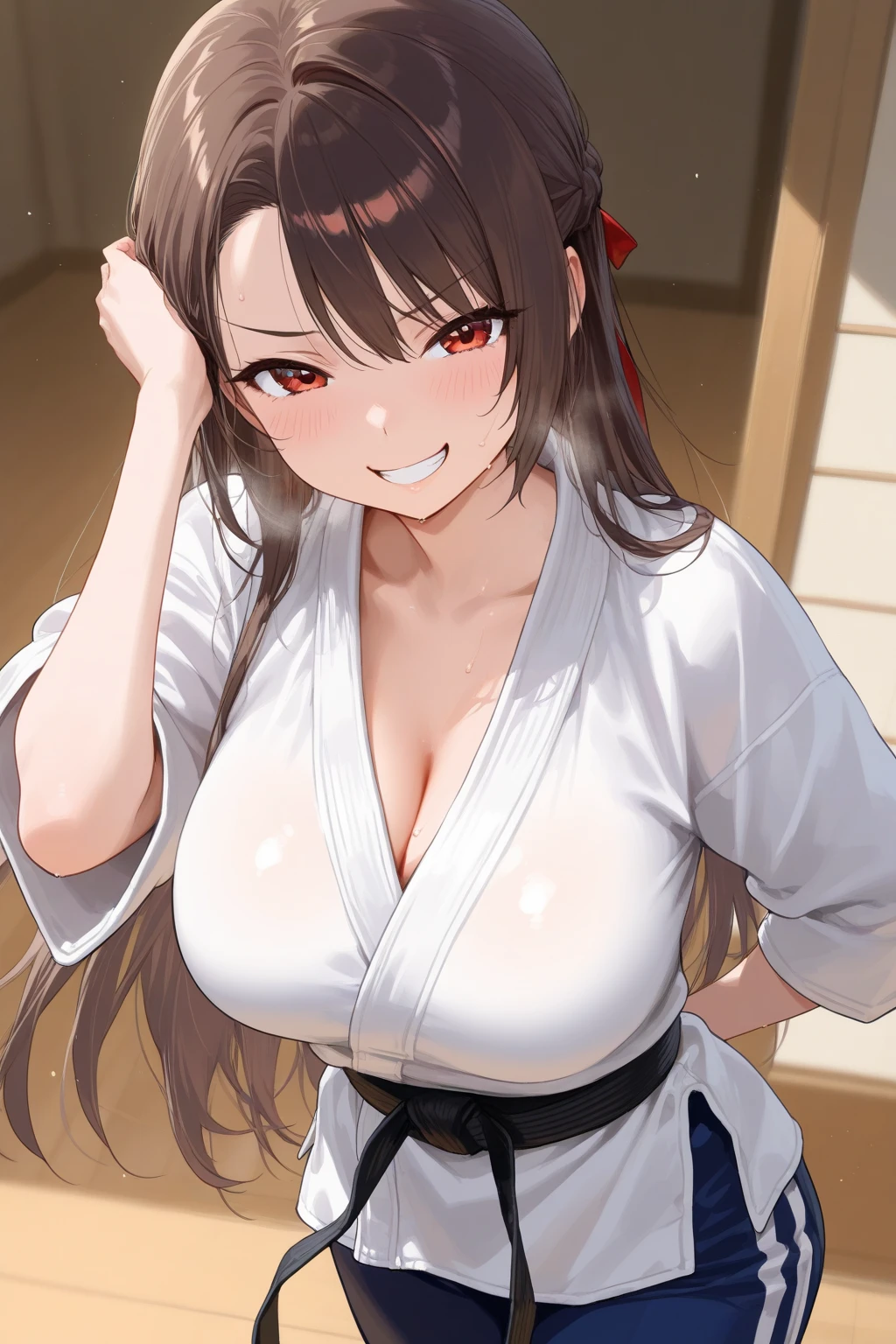 masterpiece, best quality, anime Illustration, 4k, 1 girl, solo, standing, long hair, black hair, violet eyes, high ponytail, red hair ribbon, red ribbon, red hakama and white kimono, thin fabric, nipples, erect nipples, big breasts, huge breasts, looking_at_viewer, motherly smile, upper_body, dark skin, ((Village background:1.0)), ((dark skin: 1.5)), , ((parted bangs: 1.4)),  parted bangs, large forehead, purple eyes, red hakama