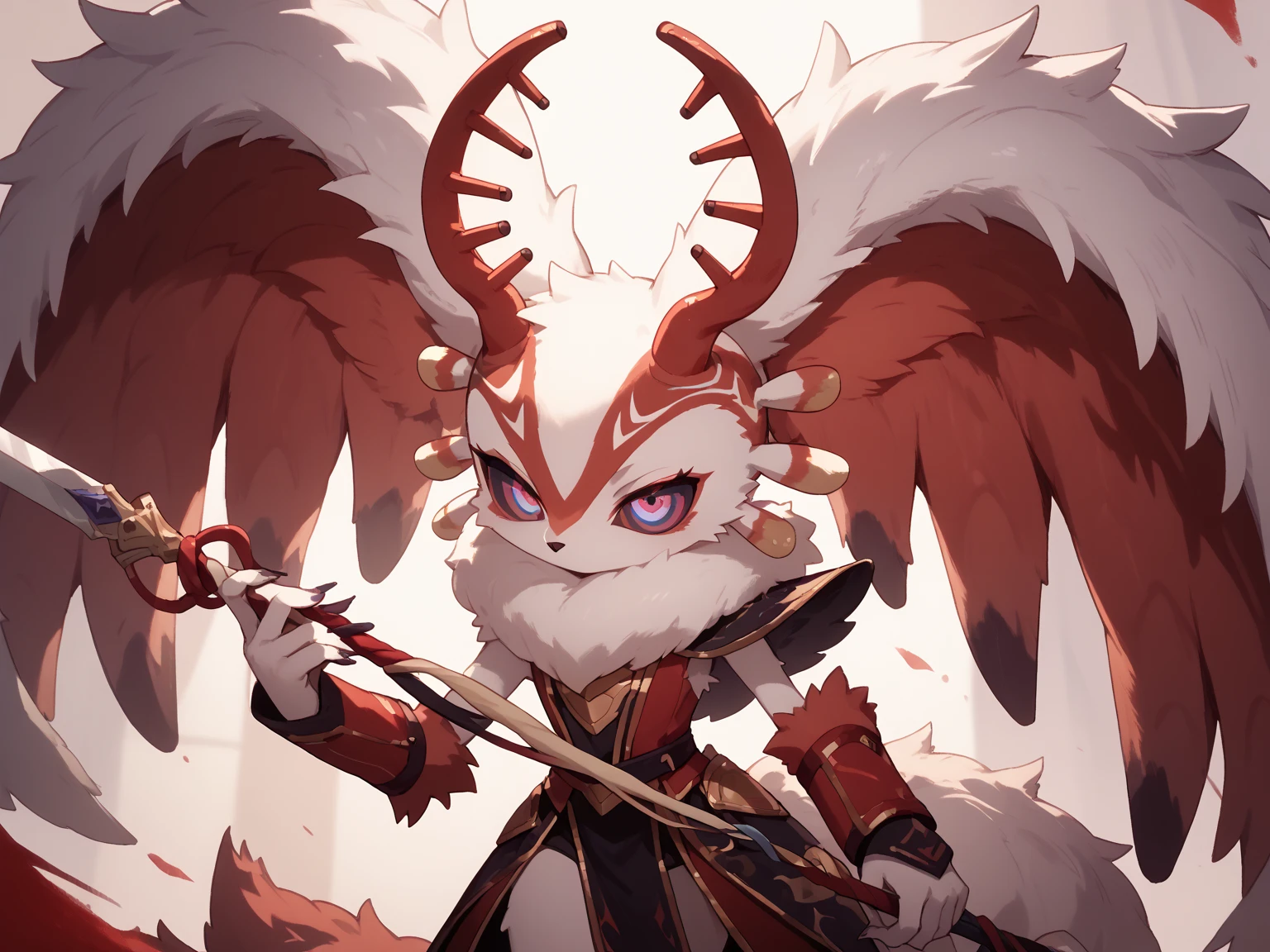 Fantasy species, short, thick red skin, wearing a bird skull on head, pearl eyes, fog pouring from eyes