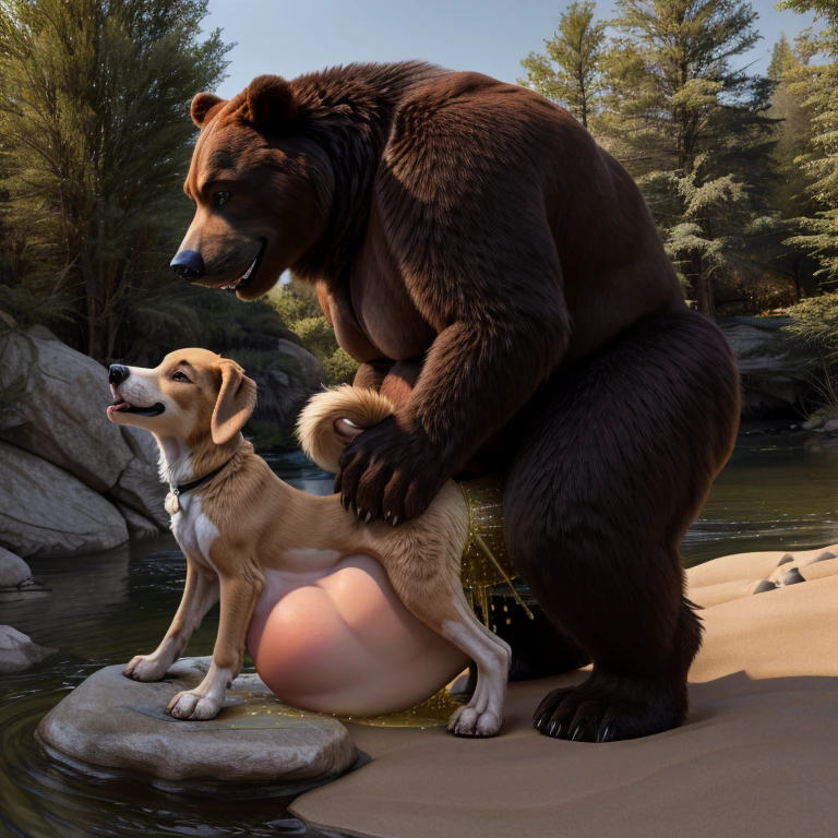 NSFW (nude) (Anna ((human)) small breasts, strip of pubic hair) vaginal penetration, fucking male furry polar bear with red penis, full body, in a deserted snowy landscape