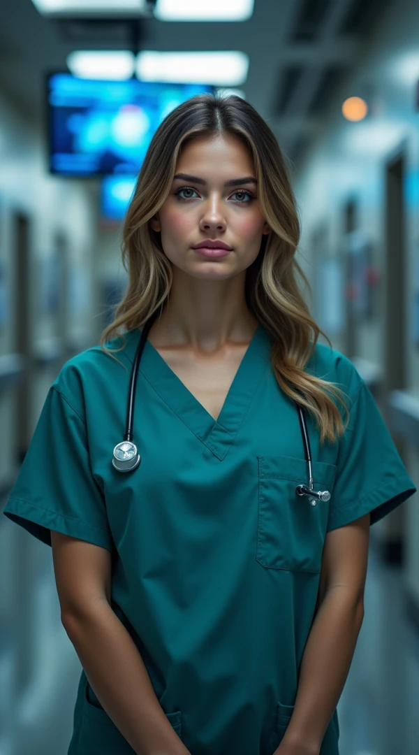 Best Quality, Masterpiece, Ultra High Resolution, (Realisticity: 1.4), Original Photo, 1Girl, Conservatively Dressed, Nurse's Wear, Film Lighting, Big Breasts, Cover Chest