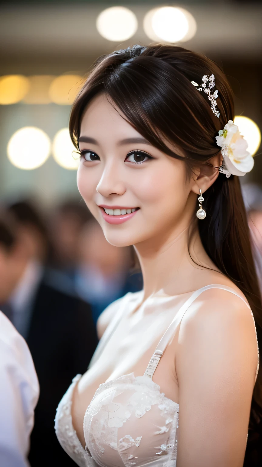 Beautiful 25 year old woman。She is wearing a summer wedding dress. She is smiling on illuminated by the evening church lights . romantic sunset. her dark brown hair. High resolution、masterpiece、highest quality、頭w:1.0、((Hasselblad Photos))、fine skin、(movie lighting)、clavicle . full body picture.