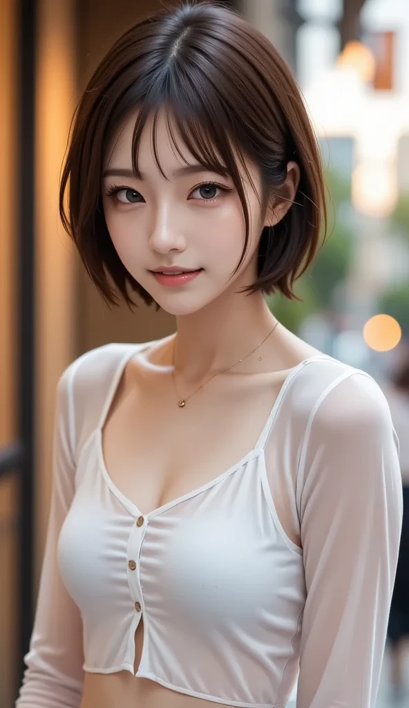Look here and smile、masterpiece, 1girl in, solo, Luminous Eyes, Colorful summer clothes, , masterpiece, top-quality, realisitic, ultra-detailliert, blue-sky, , (extremely delicate and beautiful work), ((masuter piece)), (Best Quality), One lady, 18year old, (Sexually aroused face:1.4), ( Shoulder cut hair,(Fair skin:1.2), Bright lighting, Natural lighting, Realistic lighting, Lovely lips、delicated face、(realisitic、Photo_Realistic:1.4)、((top-quality、masterpiece:1.3))、20yr old、((Brown hair))、((the pose))、((Functional))、、Smile full of happiness、Poses that fascinate a man、seducing smile、short-hair、