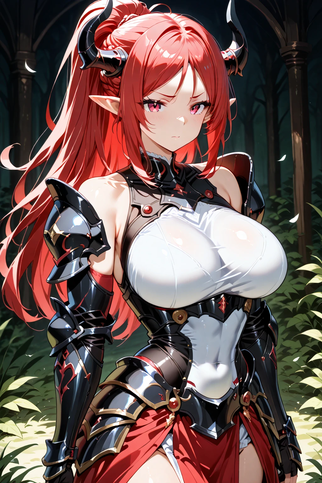 (High quality, High resolution, Fine details), dark forest, Shining moonlight, Dark elves, Muscularity, solo, curvy adult women, red hair, (Glowing red eyes:1.2), (Detailed eyes:1.2), smile, blush, Sweat, Dark skin, Oily skin, Soft tones, shallow depth of field