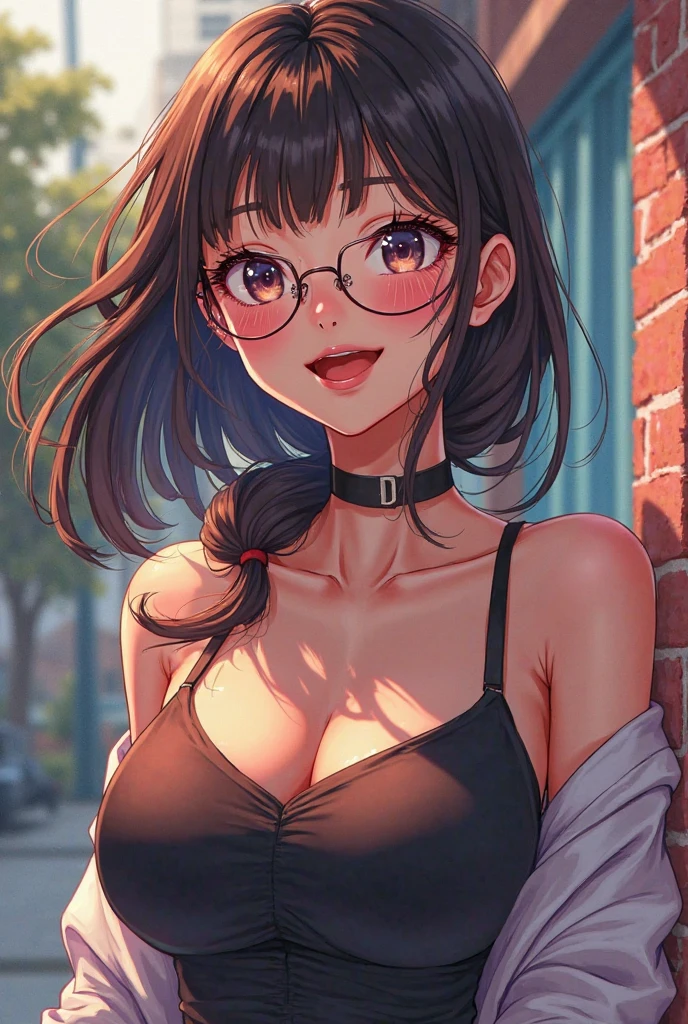 (Highest quality: 1.5), (masterpiece: 1.5), (2.5D), (Good definition), (Detailed face), (Well-drawn faces), (Vibrant colors), (exaggerated proportions), (transformation), (Perfect Anatomy), (character in the center), (Absurd), (4K wallpaper), (Detailed eyes), (Perfect hands), (Perfect Fingers), (Beautiful Skin), (Glowing Skin), (Perfect Shadow), (Perfect lighting), (whole body), (Beautiful Eyes), (masterpiece), (Voluptuous body), (Beautiful Face), (onomatopoeia of bouncing on Thighs and breasts), young woman, Black hair tied in two ponytails, Bangs covering one eye, Purple eyes, A mole near the eye, Wearing glasses, Frivolous and vulgar expressions, Suggestive curves, Huge breasts, Thighs, Voluptuous body, Good balance,Masturbating,Nipples are visible,