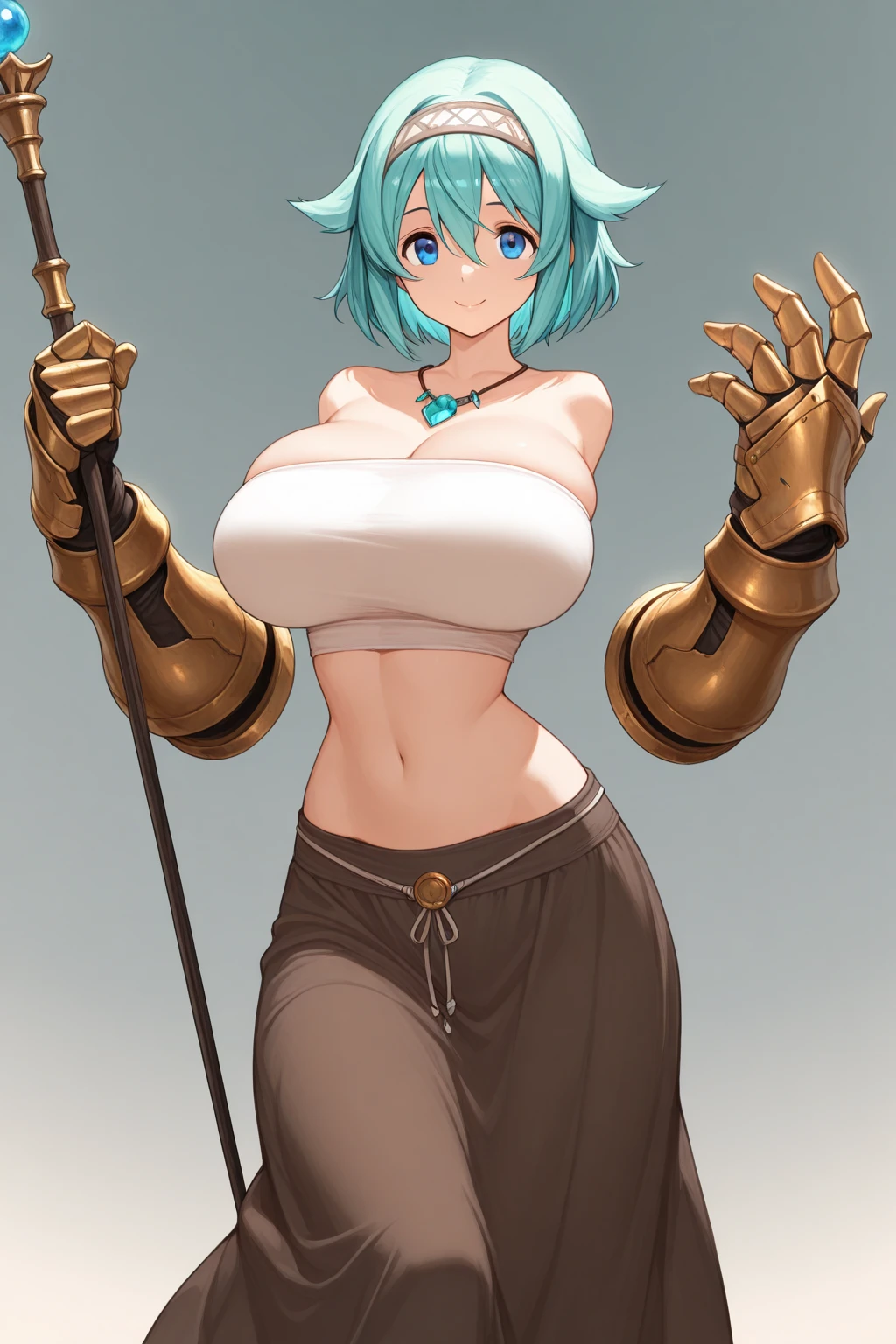 masterpiece, Best quality, watercolor (medium), 1girl, breast, Solitary, short hair, Cleavage, Black and gray hair, Black eyes, earrings, Bangs, jewelry, skirt, Bare shoulders, sleeveless, Hair between the eyes, 单Scapula, looking at the audience, Photo poses, Raise your index and middle fingers, large breast, armor, shoulder armor, sleeveless skirt, Upper Body, Single sleeve, white skirt, Scapula, Devil smile