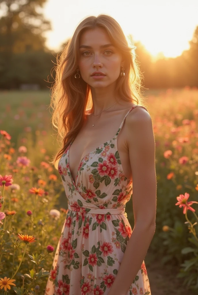  Eva with her head down, sad face, lambskin dresses, in the middle of a beautiful colorful garden. A sunset in the background.
