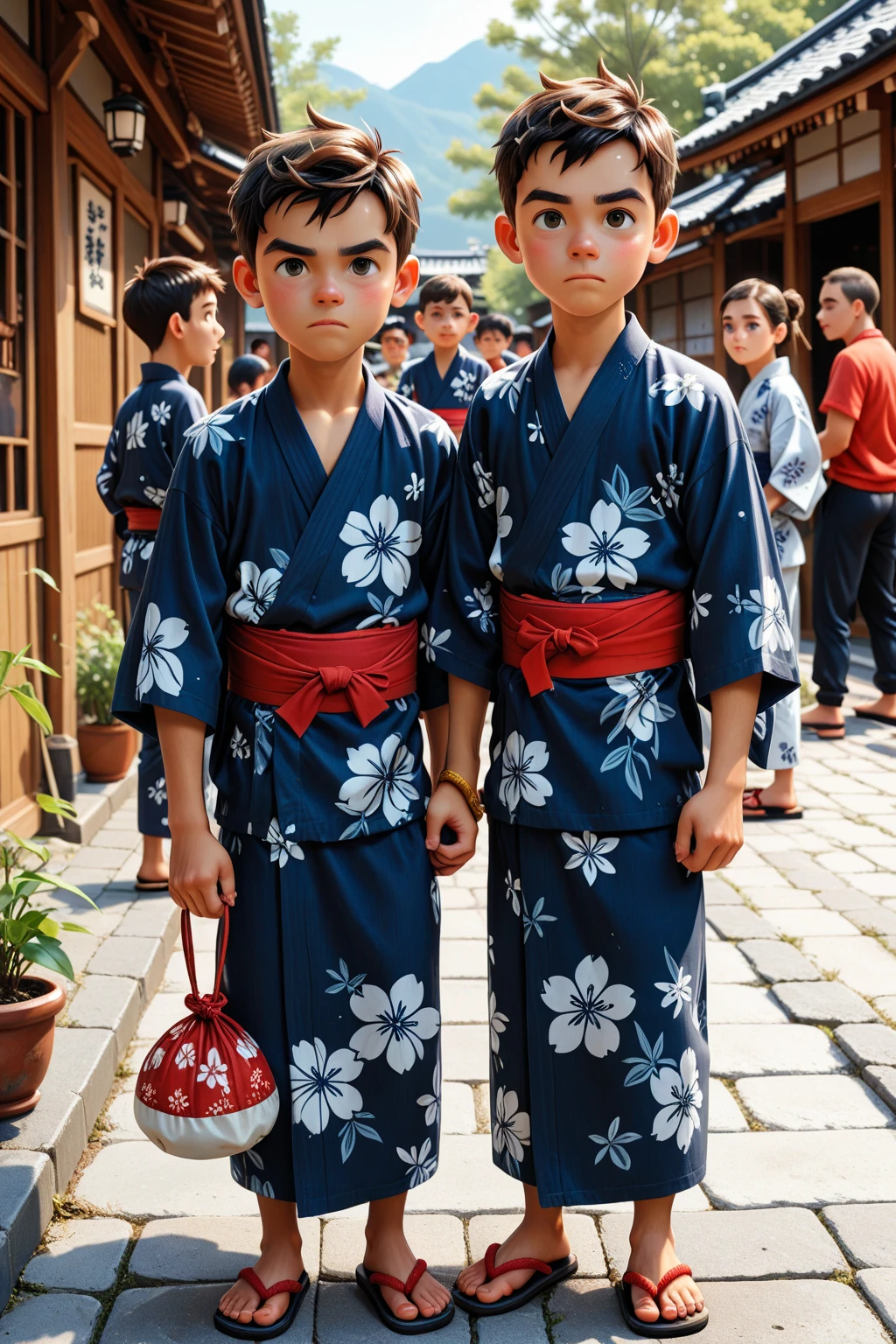 Pixar movies style kids training in the city facing the beach, usando kimonos e lutando judo