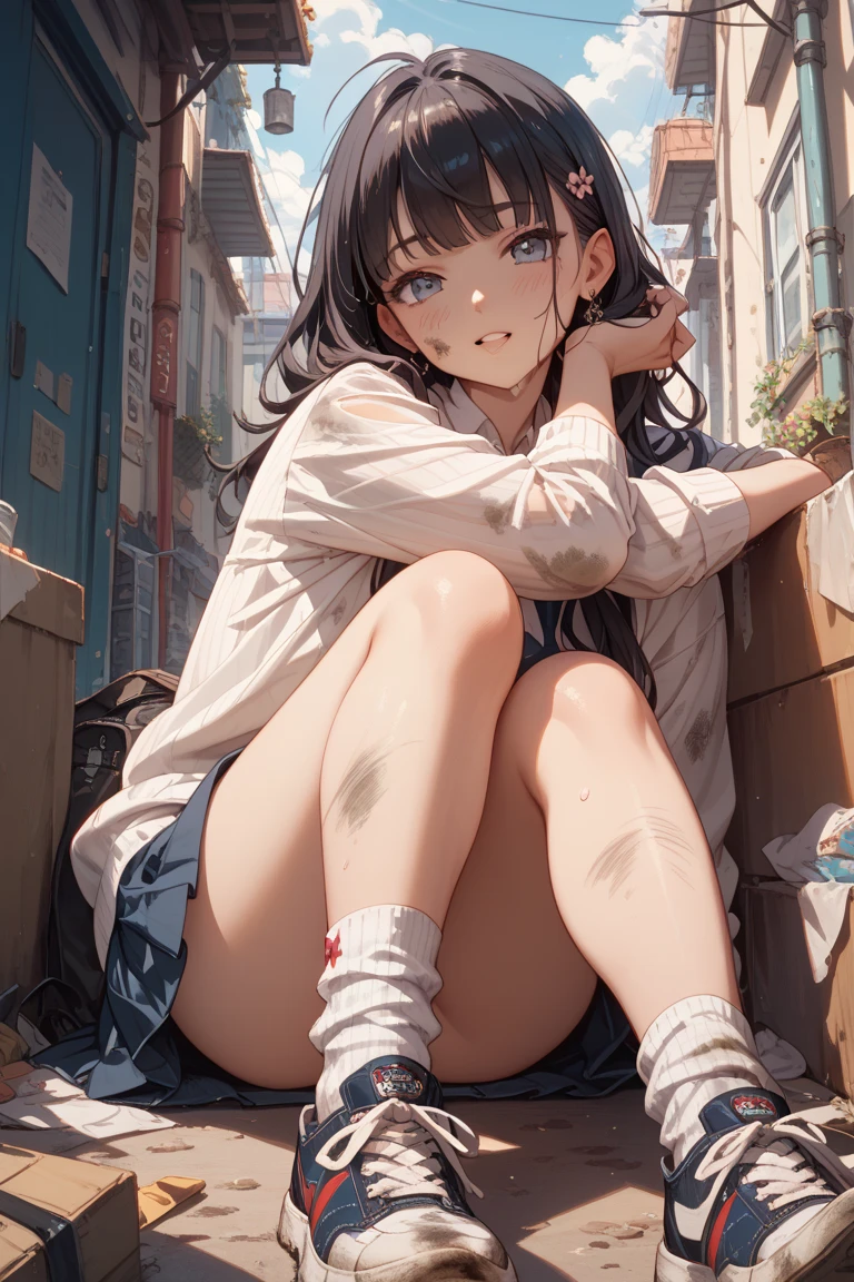 A little girl, sad eyes, Shy face, , 18 years old, Practical, (She is wearing loose panties), (City in ruins), Sitting on a worn-out bed, She wore a raised, Soft, Completely relax in, [NFSW,], Face turned to the left, #100: Messy Platinum Blonde Short Hair, Hair tied with a red bow, Delicate face, , masterpiece,