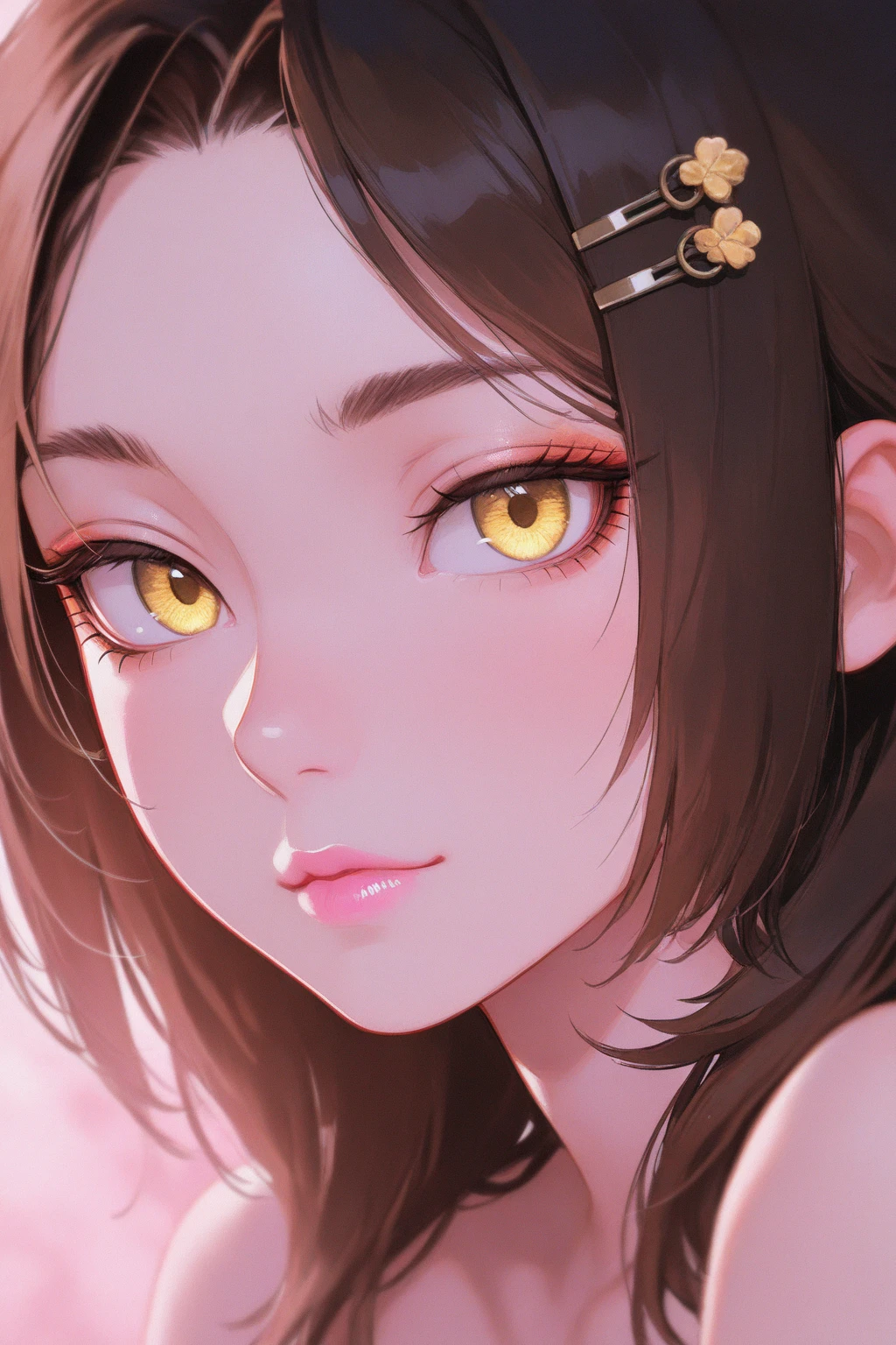 (masterpiece), (best quality), (intricate details), high resolution, visually stunning, sidelighting, deep shadow, nothing but white background, (Dva from overwatch), brown hair, heart-shaped pupils, amber eyes, innocent smile, cinematic lighting, sparkle, ray tracing, backlighting, ((super shiny face)),