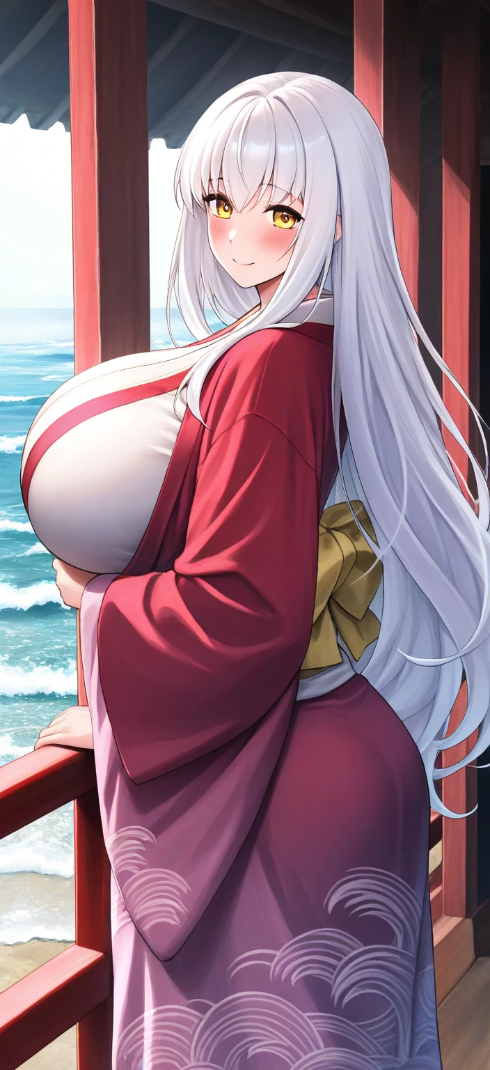masterpiece: 1.2, best quality), anime, (real picture, intricate details, depth of field), (1girl, solo), perfect eyes, perfect face, perfect hands, perfect lighting, makeup, lips half-open, elf, highly detailed, perfect face, (huge breasts: 1.4), (skindentation), thick thighs, wide hips, thin waist, high, shiny coral lips, white hair, red eyes, big ponytail, (A girl, Japanese kimono,  fan in hands), (sweat: 1,2), (wet), sexy, blushing,