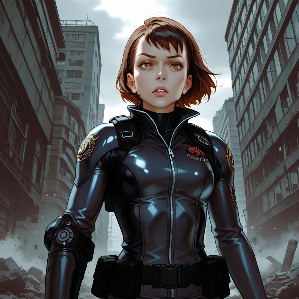 1girl, uraraka ochako, feet out of frame,  brown eyes, (black and pink superhero bodysuit: 1.5), brown hair, (teenager: 0.8), belt, (standing: 1.3), white gloves, (blood on face: 2), burning city background, sparks  masterpiece, dark, (soft colors: 1.5), (night: 1.4), detailed face, (lens flare: 2), (highlights: 2) ray_tracing, by jim lee, insane details, <lora:ochakoUrarakaMHA_v10:0.9>