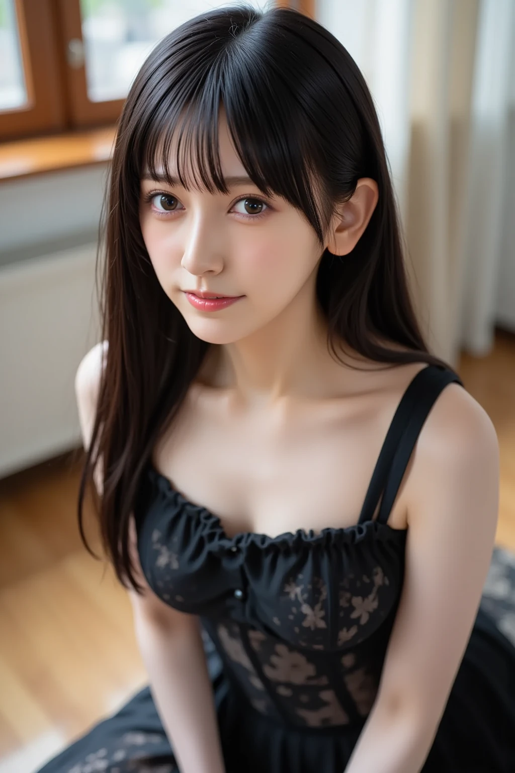 (masutepiece, Best Quality:1.2), (hight resolution, Abstract:1.1), Ultra Detail, 1girl in, sixteen years old、?の少女、 (Small)、game_nffsw, Cute Pose, Sitting on a bed in a room、Parted lips, Smile, blush、Background blur, realistic skin textures、shinny skin、Exposed thighs!!!、