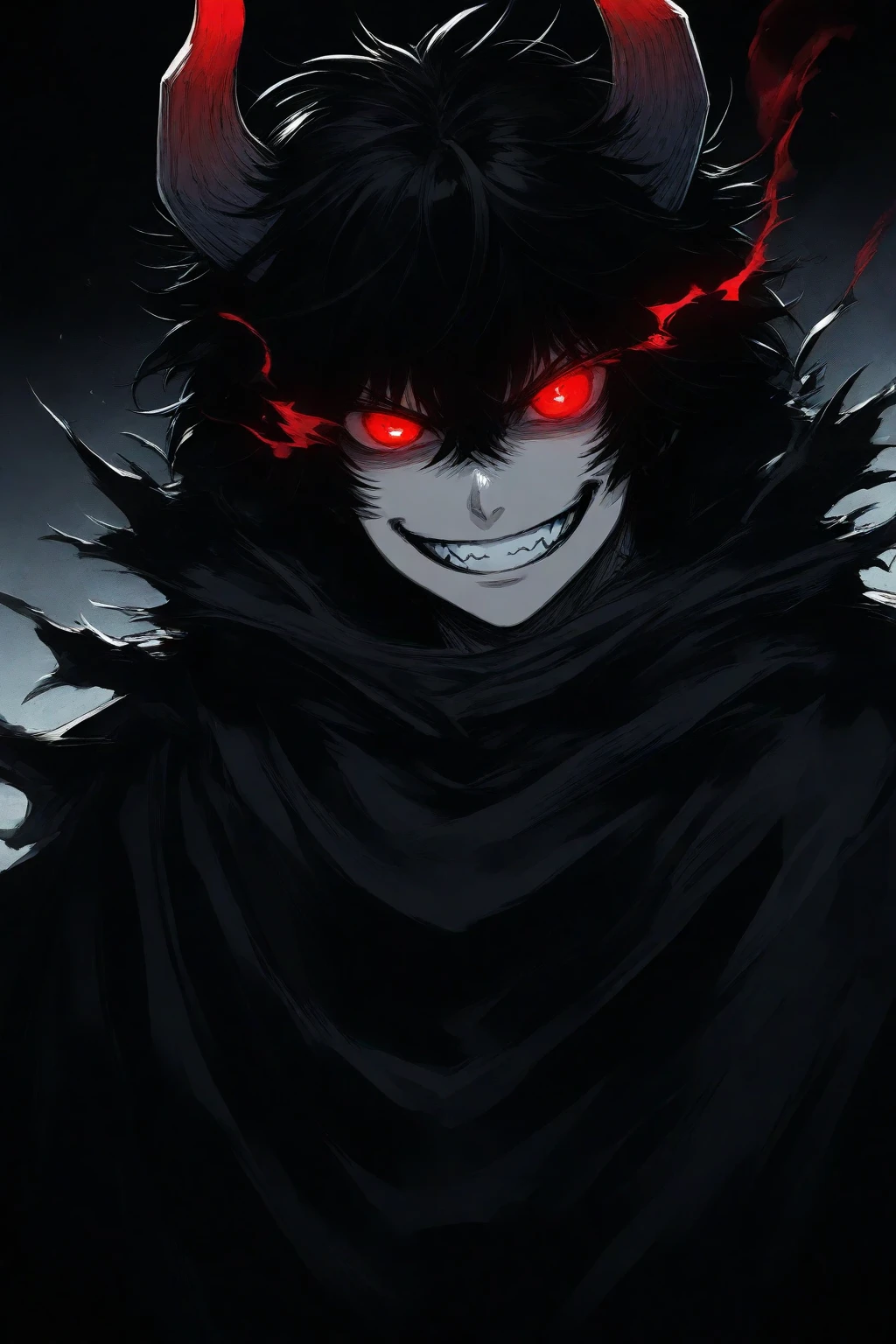 Shape: A demonic creature with a humanoid appearance, tall and thin, with pale gray skin.
Hair: Long, curly black hair, falling messily over his shoulders.
eyes: Fiery red eyes reflect evil and malice.
attire: He wears a long black cloak with a hood that hides part of his face, showing sharp fangs.
Additional details: It has large bat wings that appear when it flies, and its limbs are covered in sharp claws.
Imagine these characters in anime scenes full of excitement and action, as they face off in an epic struggle between good and evil