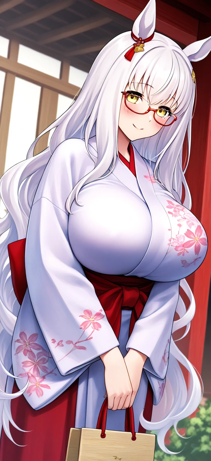 Beautiful Goddess（1 person）、White Fox Incarnation、It has nine tails、Beautiful woman、kimono、Trained muscles、Big Breasts、Gray Hair、Captivating body、Japanese Shrines、Cherry Blossoms at Night、full moon、8k、Realistic
