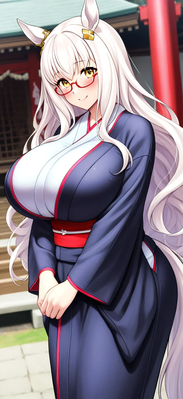 red eyes, (highest quality, masterpiece絵画:1.3), mature woman, 26 years old, (half body shot), masterpiece, Super high resolution, (Photoreal:1.0), silver hair、straight hair, Shiny and beautiful hair, white and shining skin, ((Super realistic details)), octane rendering, highly detailed face, (big breasts:1.0),(Sexy and gorgeous Japanese kimono,low cut neckline,delicate decoration:1.2), open neckline, cleavage, perfect body, soft skin, anime face, perfect face, perfect eyes, looking at the viewer, smart, Under the cherry blossom tree background, cherry blossom petals are falling, outdoors,sharp focus, intricate details, professional artwork, (Bright colors:1.1), Bright colors, diffused lighting, digital blending, Super detailed body, ultra detail hair, super detailed face, It's trending on pixiv, top button opened, Cute gaze, compensate, perfect lips, perfect compensate, Super precise painting, (light_smile:0.8), (Very embarrassed:1.2), blush your nose,