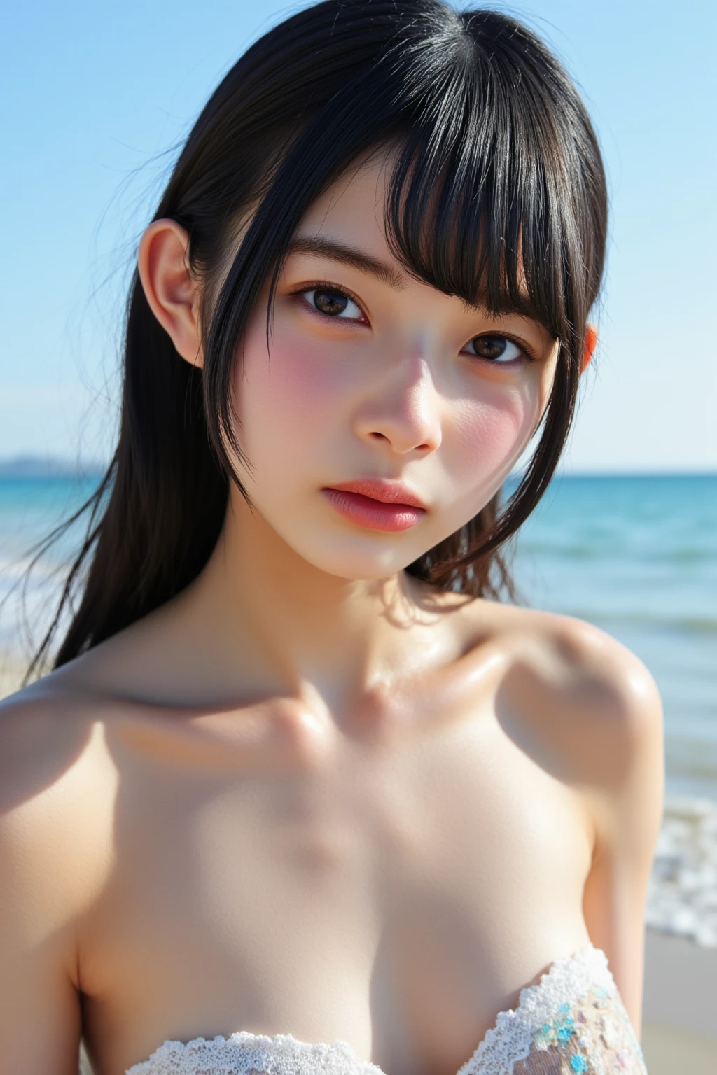 (Highest quality: 1.3), (masterpiece: 1.3), (Very detailed: 1.3)、High resolution、8k wallpaper、Perfect dynamic composition,、
((erotic))、((Completely naked))、Beautiful Eyes、Natural color lip、((Looking into the camera))、((Japanese Idols))、((very cute))、bangs、ponytail、(((10 years old)))、(Very small breasts)、Ocean、Sandy Beach、Tight waist、Upper body close-up、