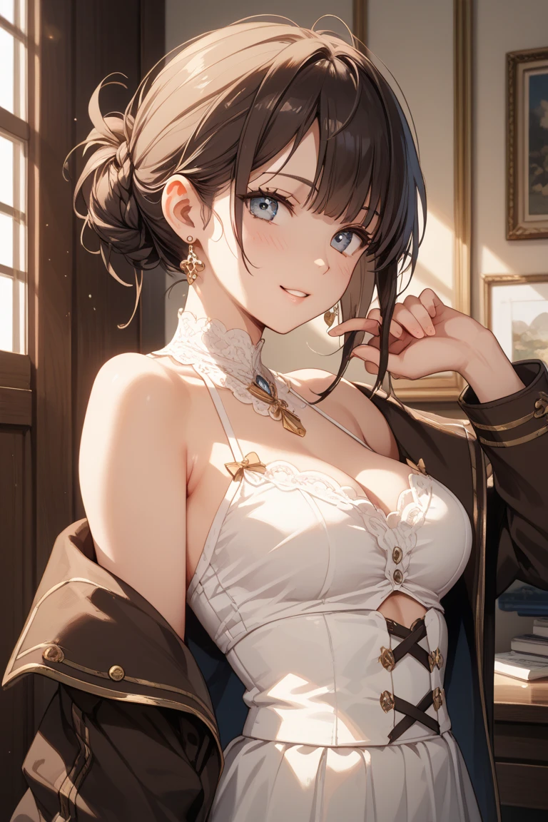 1girl, solo, from side, hand on the hair, side boob, joyful smile, one eye close, finger on the mouth, bowtie, skirt ,jewelry, belt, indoor, light blue shirt, neck ribbon, sleeveless, frills