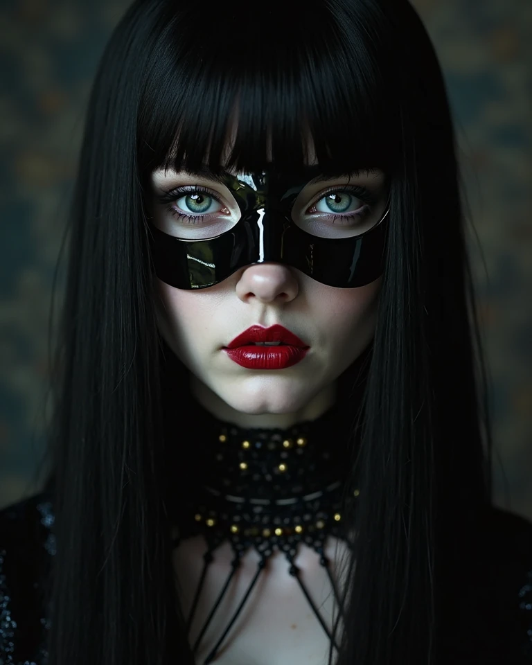 high quality photo single exposure of {a girl, black straight long hair, white pale skin, blue eyes, black eyeliner, crystal headdress}, black (half_upper_face)mask, furious expression, detailed, flowing hair, cinematic shot, upper torso, silver black tight body suit, open cleavage, left angle shot, left view