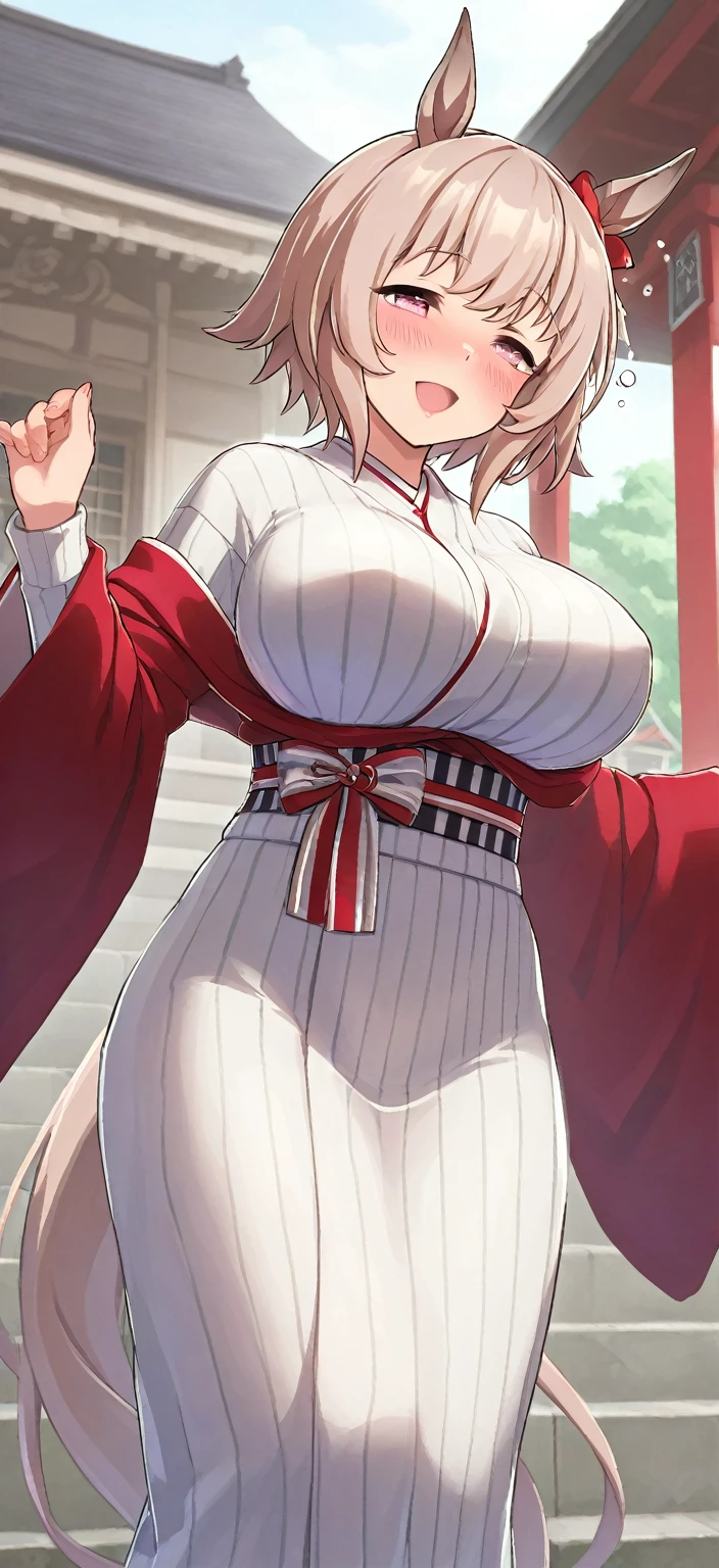 masterpiece, best quality, matsumoto rangiku, beautiful lighting, long hair, turtleneck, crop top, pencil skirt, underboob, necklace, gigantic breasts, standing, looking at viewer, blue eyes, smile, japanese architecture, cowboy shot, shiny skin, gigantic breasts, curvy, seductive smile, bare shoulders, elbow gloves