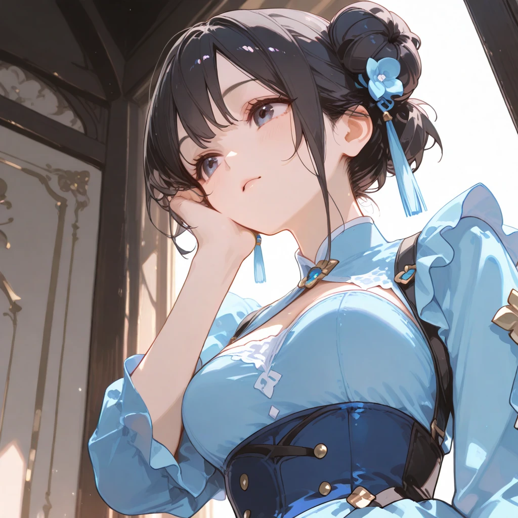 (masterpiece, top quality, very aesthetic, 4k、8k、illustration), intricate detail, 1girl,Standing 、(upper body)、clear face、()、
Cute 、black hair、,middle hair,sidelock ,,blue eye、casualClotheedium breasts、Slim 、