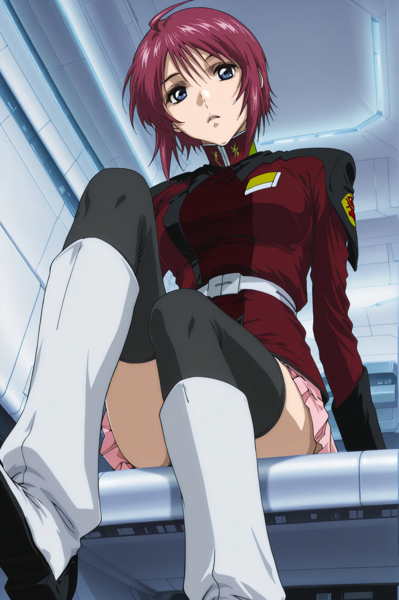 Woman in red uniform squatting, Black tight mini skirt、Black tight skirt、Tight mini skirt、Ultra mini skirt、Black tight skirt、Tight mini skirt、Spread legs,Show white panties,ー,asuka suit under clothes!, Frey Ulster、Misato Katsuragi, portrait anime space cadet girl, Legs open,I'm spreading my legs、Modern sci-fi anime, full body zenkai! asuka suit, Beautiful camel toe、wearing a red captain's uniform, a female anime character, Sci-Fi Anime, Asuka, anime girl of the future, Seductive Anime Girl