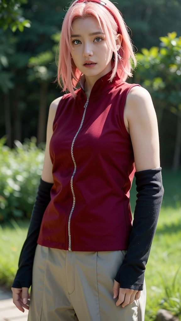 Pink hair, girl, green eyes, like Sakura haruno, red dress, curt hair