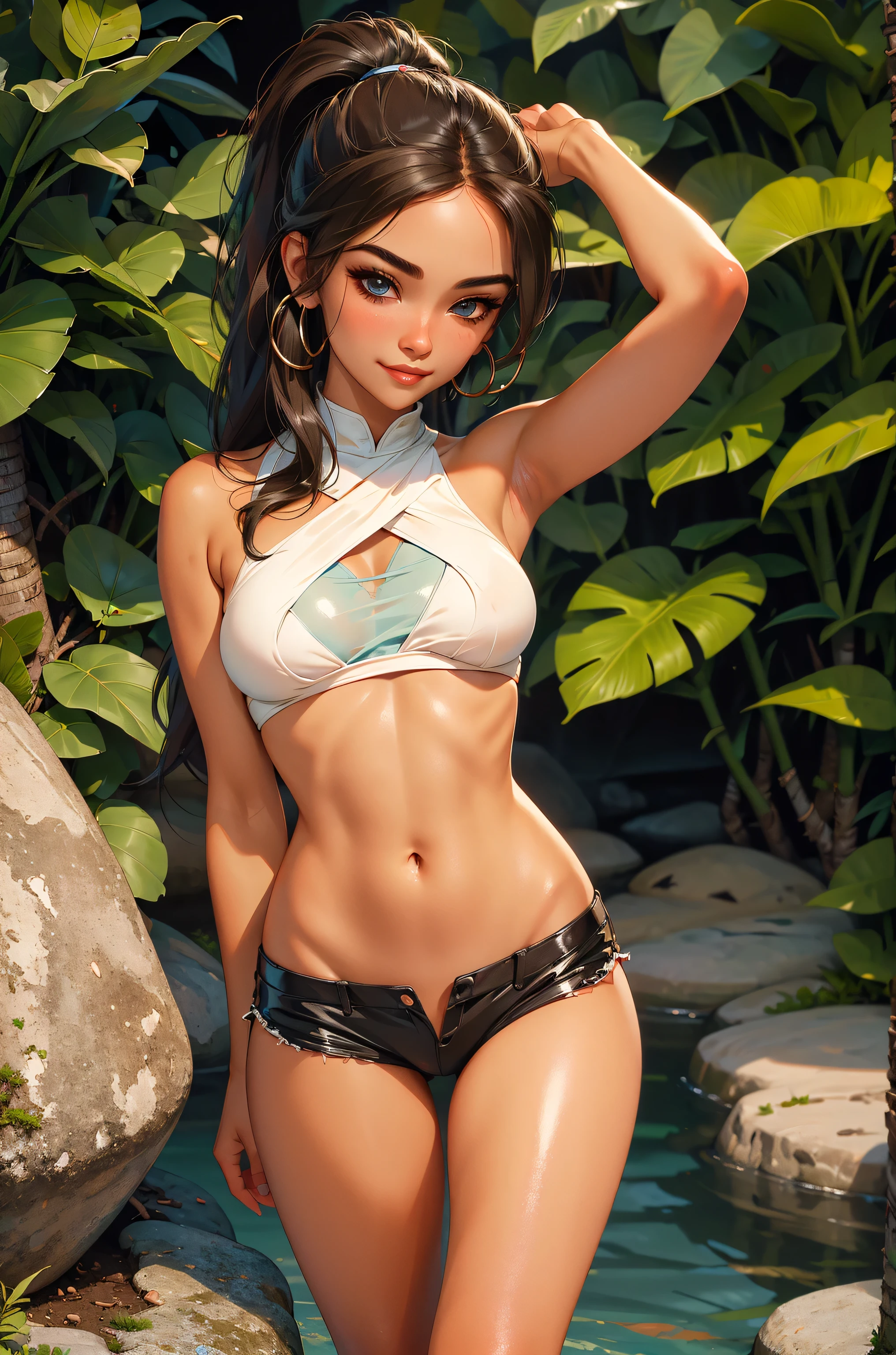 (A sexy Asian woman,(age 20), (tiny bikini, athletic, big butt, long hair put up in fancy style) she has love poems penned with henna on her back in a artsy font) she is holding her hair up, her back is to the viewer